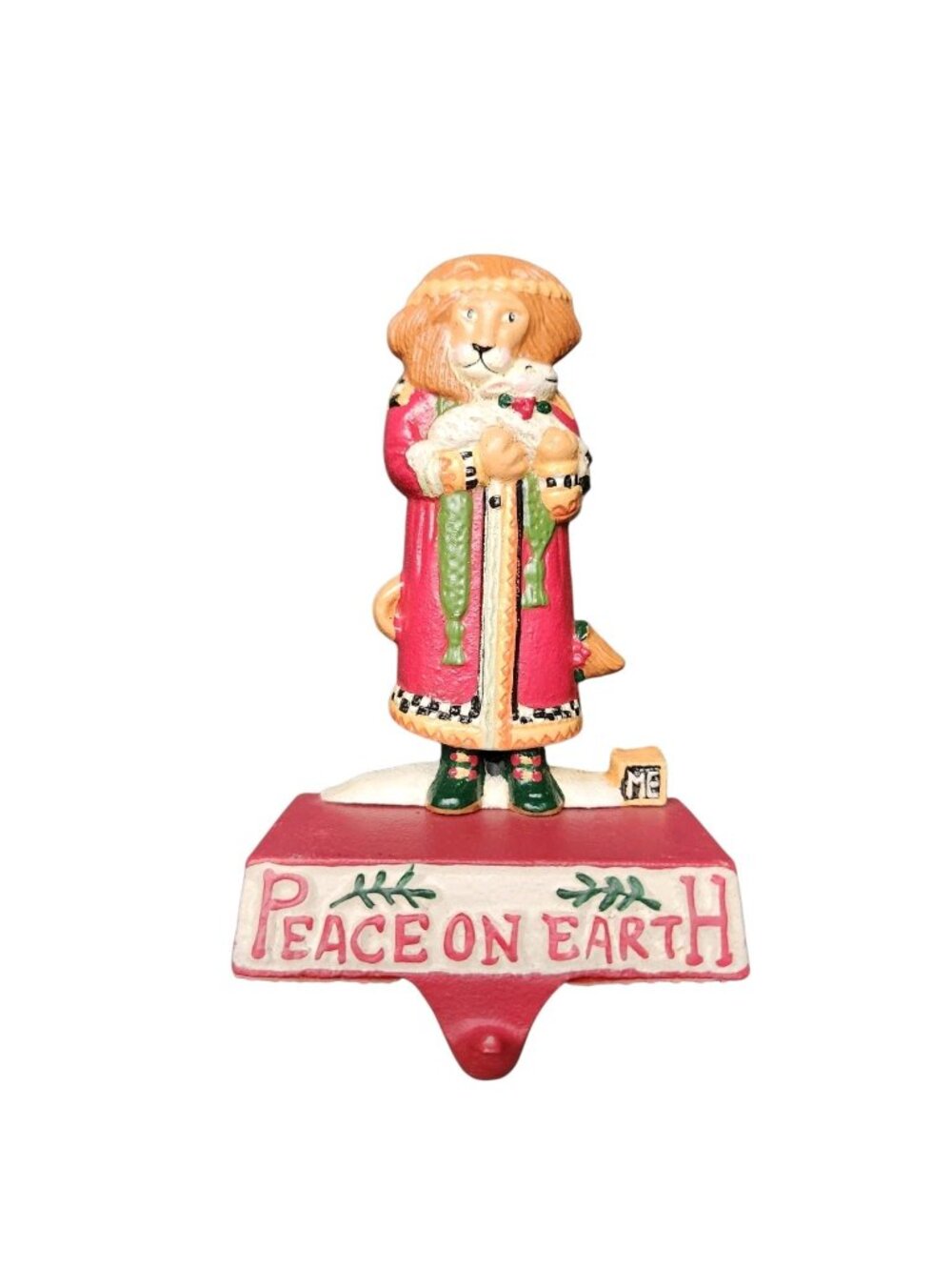 VTG Mary Engelbreit Cast Iron Christmas Stocking Hanger Lion Lamb PEACE 0N EARTH